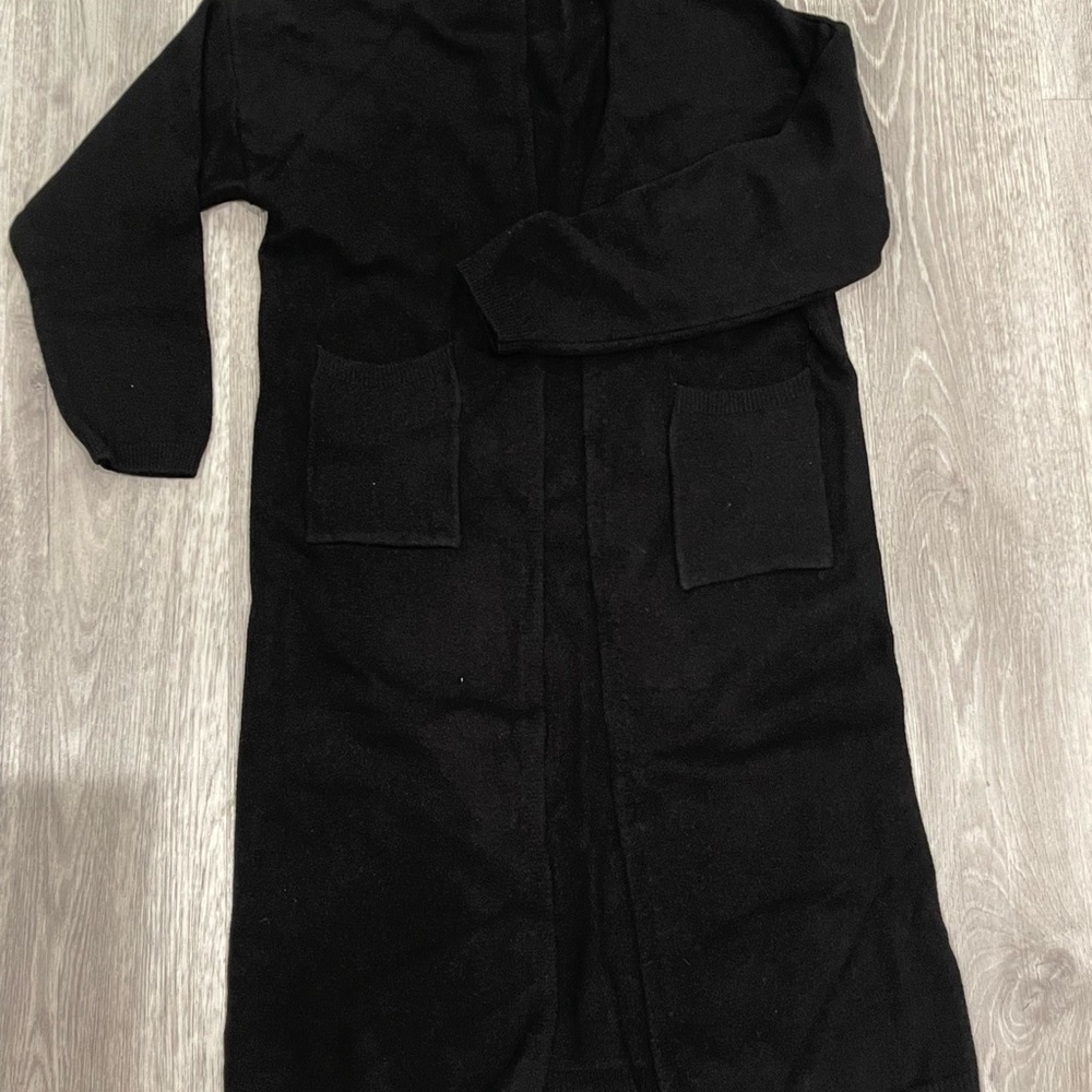 Long black wool cardigan with pockets